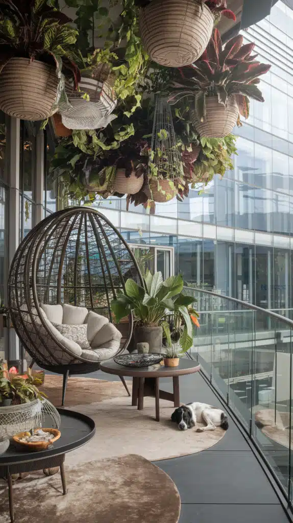 futuristic patio with hanging baskets of plants